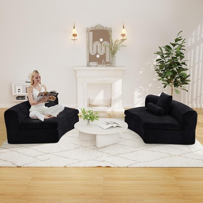 AVZEAR Curved Modular Sectional Sofa, Chenille Upholstered Cloud 1 Seater Couch for Living Room, No Assembly Modern Love Seat Sofa with 1 Bolster Pillows & 1 Square Pillows, High-Density Foam, Black