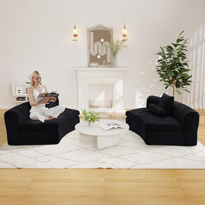 AVZEAR Curved Modular Sectional Sofa, Chenille Upholstered Cloud 1 Seater Couch for Living Room, No Assembly Modern Love Seat Sofa with 1 Bolster Pillows & 1 Square Pillows, High-Density Foam, Black