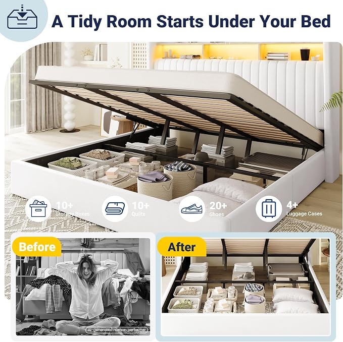 Allewie King Size Lift Up Hydraulic Storage Bed Frame, 2-Tier Shelf Headboard with LED Lights and Charging Station, USB and Type C Ports, Wingback Velvet Headboard, No Box Spring Needed, White