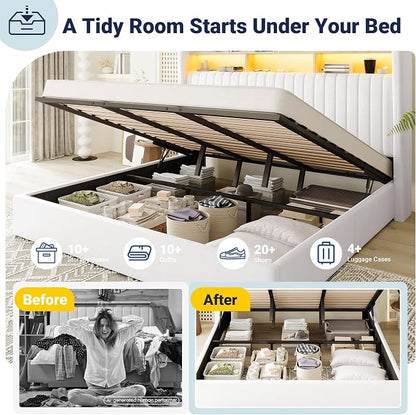 Allewie King Size Lift Up Hydraulic Storage Bed Frame, 2-Tier Shelf Headboard with LED Lights and Charging Station, USB and Type C Ports, Wingback Velvet Headboard, No Box Spring Needed, White