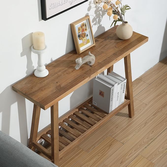 HOKYHOKY Reclaimed Solid Wood Console Table, 43.3" Farmhouse Entryway Table, Narrow Couch Tables Behind Sofa, 2 Tiers Accent Tables for Hallway, Entrance, Foyer, Living Room