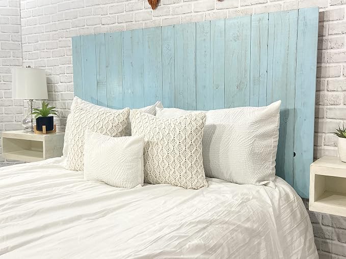 Barn Walls Baby Blue Headboard, Cottage Design Weathered, Solid Wood Headboard Floating Panels Wall Mount, Adjustable Height Easy Assembly, Queen Size