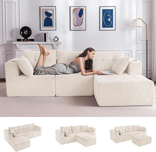 MAXYOYO Modular Sectional Sofa Couch, L Shaped Modern Cloud Couch with 1 Ottoman, Sofa in A Box, Tufted 4-Seat Boneless Chair for Living Room, No Assembly Required, Beige