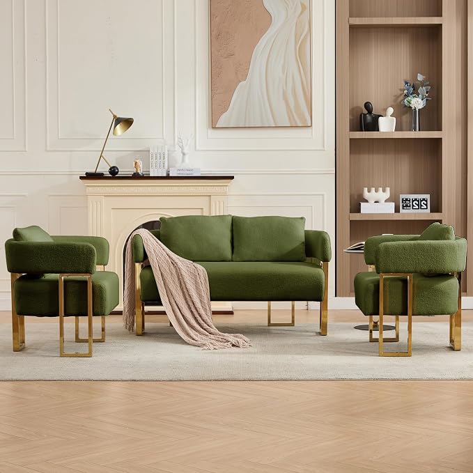 YISHENG Loveseat Sofa Modern Accent Chairs for Living Room with Golden Metal Legs Soft Teddy Upholstered Reading Armchairs no Wheels for Reception Room//Bedroom/Lounge/Office, Green