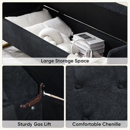 65" Storage Ottoman Bench, Chenille Storage Bench for Bedroom, End of Bed Storage Bench with Tufted Upholstered and Gold Legs, Bedroom Benches with Arms Window and Entryway, Black
