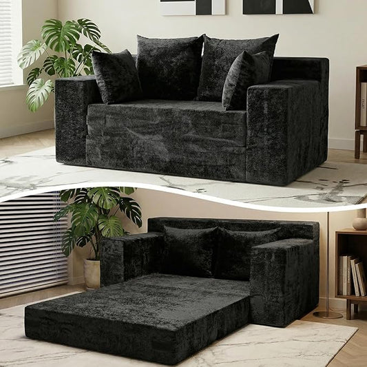 Boneless Loveseat Sleeper Sofa Bed, 3-in-1 Convertible Sofa Bed and Floor Futon Couch (Velvet-Black, Loveseat (55"))