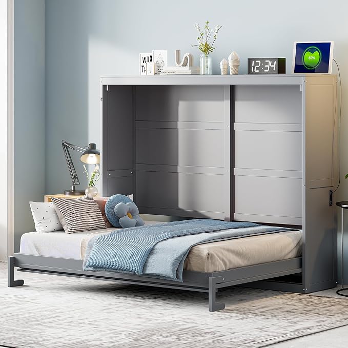 Ball & Cast Queen Size Murphy Bed with Charging Station and Slat Support,Wood Hideaway Cabinet Platform Beds w/Leg & Lock,can be Folded,Space-Saving,for Small Room,Dorms,Gray