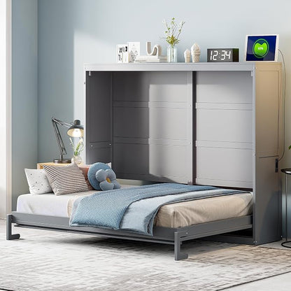 Ball & Cast Queen Size Murphy Bed with Charging Station and Slat Support,Wood Hideaway Cabinet Platform Beds w/Leg & Lock,can be Folded,Space-Saving,for Small Room,Dorms,Gray