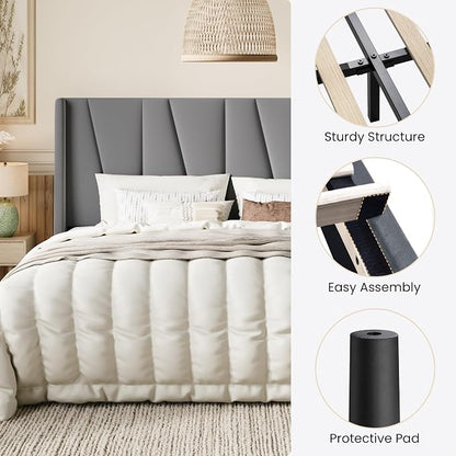 SHA CERLIN King Size Velvet Bed Frame with Geometric Wingback Headboard, Upholstered Platform Bed with Wooden Slats Support, 8" Under-Bed Space, No Box Spring Needed, Easy Assembly Light Grey