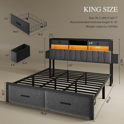 DWVO King Size Bed Frame with 2 Storage Drawers and Charging Station, Linen Upholstered Platform Bed with Storage Headboard and LED Light, Heavy Duty Metal, No Box Spring Needed, Noise Free, Grey