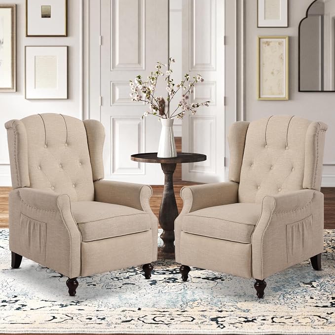 Wingback Recliner Chair with Massage and Heat Tufted Fabric Push Back Arm Chair, Recliner Chair for Living Room Bedroom Home Theater (2,Beige)