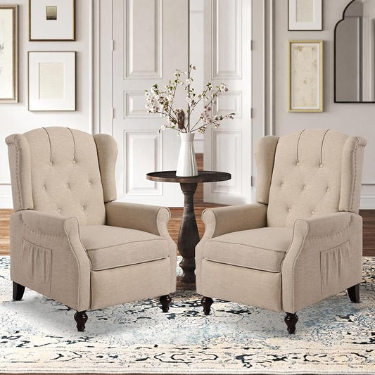 Wingback Recliner Chair with Massage and Heat Tufted Fabric Push Back Arm Chair, Recliner Chair for Living Room Bedroom Home Theater (2,Beige)