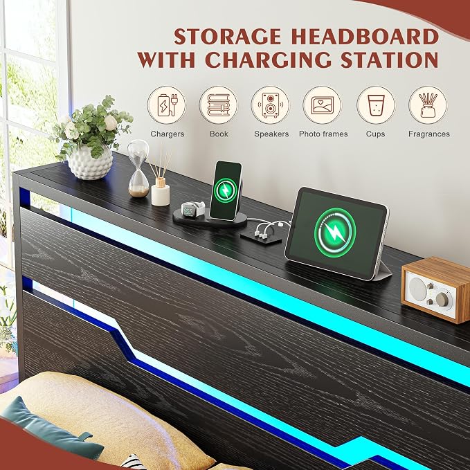 Homkdom King Size Bed Frame with USB Ports & LED Lights, Headboard Shelf, Heavy Duty Metal Platform with 10.24" Underbed Storage, Noise-Free Slats, No Box Spring Needed, Modern Black