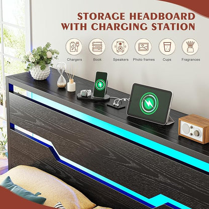 Homkdom King Size Bed Frame with USB Ports & LED Lights, Headboard Shelf, Heavy Duty Metal Platform with 10.24" Underbed Storage, Noise-Free Slats, No Box Spring Needed, Modern Black
