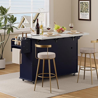 ONBRILL 60" Kitchen Island with Power Outlet & Drop Leaf, Rolling Island with Spice Rack & Towel Rack, Kitchen Island Cart with Trash Storage Cabinet, Island Table for Kitchen, Blue+Imitation Marble