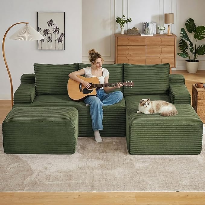 96" Cloud Sectional Couch U-Shaped Chaise with Ottoman, Corduroy Boneless Couch for Living Room Bedroom, Deep-Seat Upholstered Modular Cloud Sofa, No Assembly Required (Green, Right Facing Chaise)