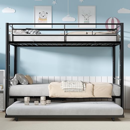 VECELO Twin Over Twin Bunk Bed with Trundle, Black | Metal Bunkbeds, 2 Side Ladders, Full-Length Guardrail, Noise Free, No Box Spring Needed