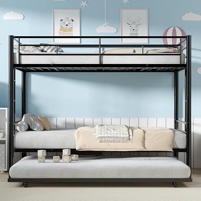 VECELO Twin Over Twin Bunk Bed with Trundle, Black | Metal Bunkbeds, 2 Side Ladders, Full-Length Guardrail, Noise Free, No Box Spring Needed