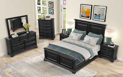 Roundhill Furniture Renova Vintage Black Wood Bedroom Set, Queen Panel Bed, Dresser, Mirror, Two Nightstands, Chest