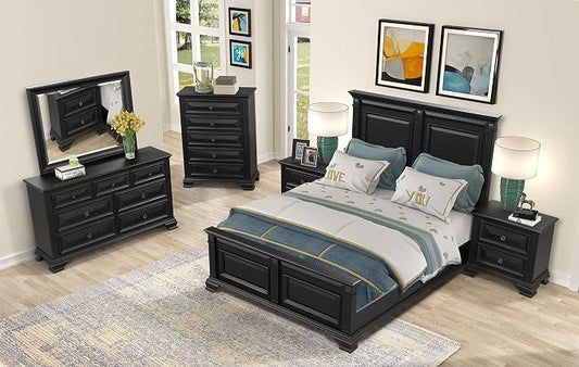 Roundhill Furniture Renova Vintage Black Wood Bedroom Set, Queen Panel Bed, Dresser, Mirror, Two Nightstands, Chest