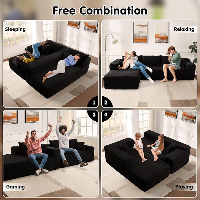 ovios 104" Cloud Boneless Couch with L-Shape Chaise,Modern Sectional Modular Sofa with Deep Seat, Upholstered Couches for Living Room Bedroom,No Assembly Required, Black (Corduroy Fabric)