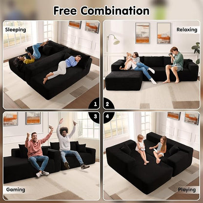 ovios 104" Cloud Boneless Couch with L-Shape Chaise,Modern Sectional Modular Sofa with Deep Seat, Upholstered Couches for Living Room Bedroom,No Assembly Required, Black (Corduroy Fabric)