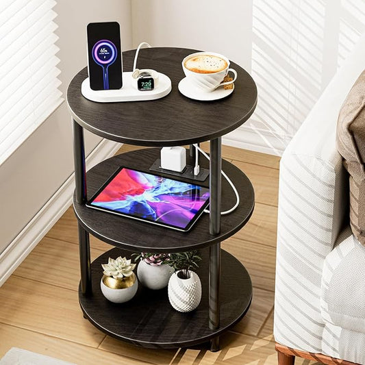 XBurmo Small Round End Table - 3 Tier Design Accent Table, Narrow Side or Bedside Stand, Industrial Vintage Table for Small Spaces, Built-in USB Ports and Power Outlet, Charcoal Wenge