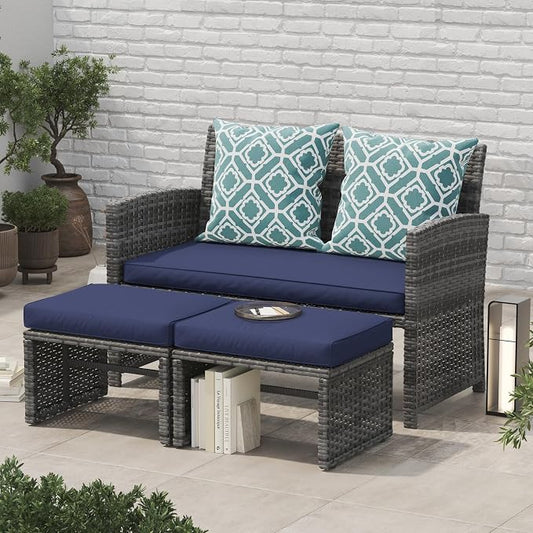 OC Orange-Casual Patio Furniture Set,3 Pieces Outdoor Wicker Conversation Loveseat with Ottomans for Porch, Gray Rattan Navy Blue Cushions