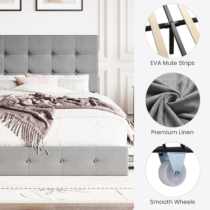 SHA CERLIN Upholstered Queen Size Platform Bed Frame with 4 Storage Drawers, Adjustable Headboard with Square Stitched Button Tufted Design, Wooden Slat Support, No Box Spring Needed, Light Grey