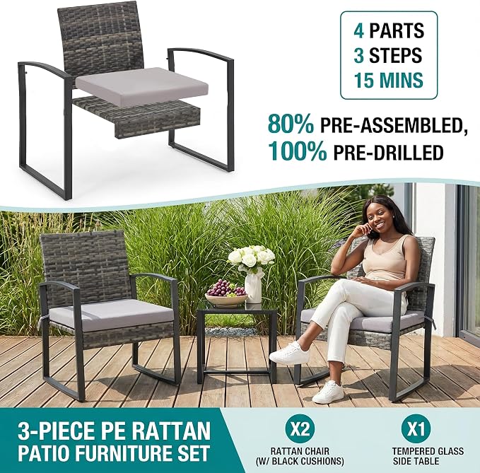 Bezseller 3 Pieces Patio Furniture Set, Outdoor Rattan Bistro Set with Coffee Table, Durable Steel Frame with Strapped Cushions for Garden, Balcony, Poolside, Backyard