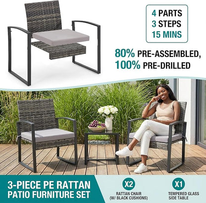Bezseller 3 Pieces Patio Furniture Set, Outdoor Rattan Bistro Set with Coffee Table, Durable Steel Frame with Strapped Cushions for Garden, Balcony, Poolside, Backyard