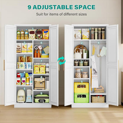 SISESOL 71" Tall Storage Cabinet with 9 Shelves and Hanging Rod,Kitchen Pantry Cabinet with 2 Door,White Metal Storage Cabinets,Large Cupboard for Home,Kitchen,Laundry,Bathroom