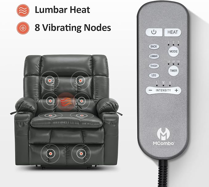 MCombo Extra Wide Dual Motor Power Lift Recliner Chair for Elderly, Zero Gravity Lift Chair with Heat and Massage, Infinite Position Recliners, USB Ports, Faux Leather R7897 (Grey, Medium-Wide)