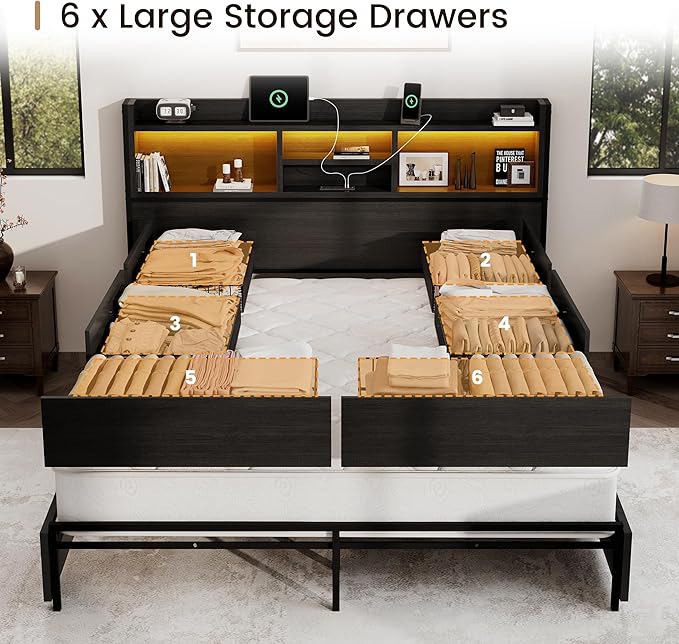 BRELTAM King Storage Bed Frame with 6 Drawers, USB Charging Station, No Noise, No Box Spring Required, Vintage Black Headboard Platform Bed