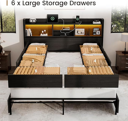 BRELTAM King Storage Bed Frame with 6 Drawers, USB Charging Station, No Noise, No Box Spring Required, Vintage Black Headboard Platform Bed