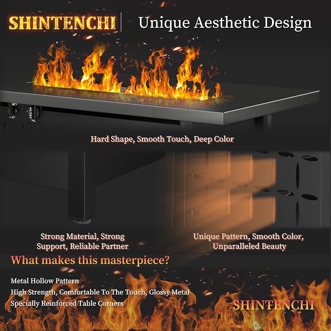 Shintenchi 43" Propane Fire Pit Table,50,000 BTU Rectangular Gas Fire Pit Table,CSA-Certified Steel 2-in-1 Multi-Use Propane Gas FirePits with Lid and Lava Rocks for Patio Garden Yard,Black