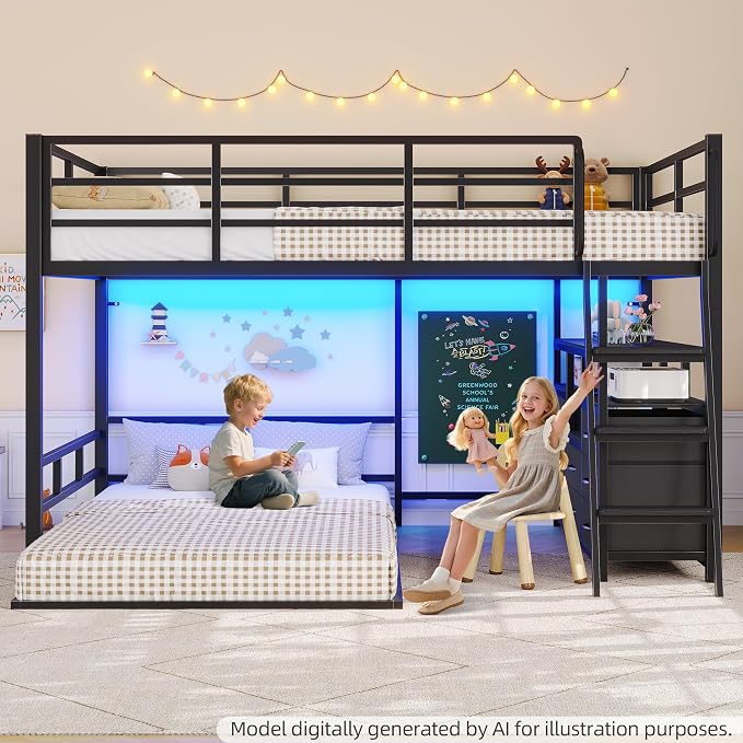busyaeh Bunk Bed Full Over Twin,Low Bunk Bed with 8 Drawer & 4 shelve,Black | bunk bed with Desk, 15" H Safety Guardrail & LED Lights and Charging Station,L-Shaped Bunk Beds with Stairs,toddler bunk bed