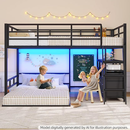 busyaeh Bunk Bed Full Over Twin,Low Bunk Bed with 8 Drawer & 4 shelve,Black | bunk bed with Desk, 15" H Safety Guardrail & LED Lights and Charging Station,L-Shaped Bunk Beds with Stairs,toddler bunk bed