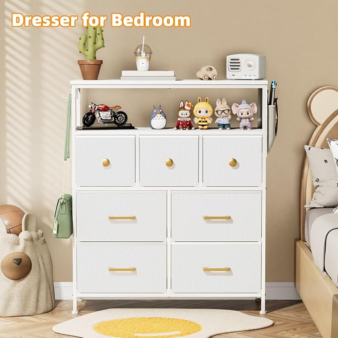 Dresser TV Stand with Power Outlets and LED Lights, 7 Drawers Dresser with Side Pocket, Fabric Chest of Drawers with PU Finish, Sturdy Frame & Wood Top (White)