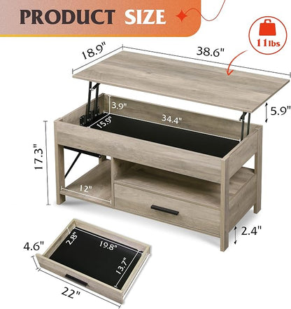 WLIVE Coffee Table, 39" Lift Top Coffee Table with Hidden Compartment, Storage Drawers and Storage Shelf for Living Room, Reception Room, Grey