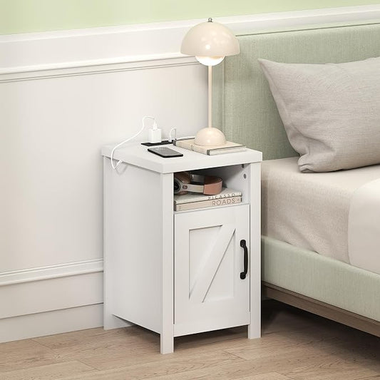 Furinno Farmhouse Night Stand with Charging Station, Bedside Table, Side Table, End Table with Door, USB Ports and Outlets, for Bedroom, Closet, Dorm, Plain White