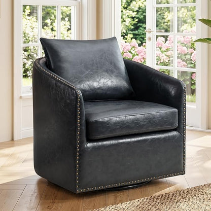 HAOMARKETS 360 Degree Swivel Barrel Chair with Plump Back Pillow, Waterproof Oil Waxed PU Leather Swivel Armchair with Rivets, Comfy Vintage Round Accent Chair for Living Room
