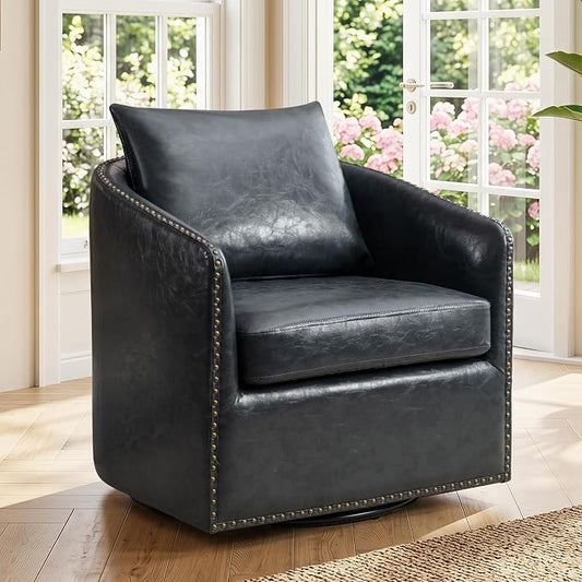 HAOMARKETS 360 Degree Swivel Barrel Chair with Plump Back Pillow, Waterproof Oil Waxed PU Leather Swivel Armchair with Rivets, Comfy Vintage Round Accent Chair for Living Room