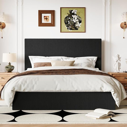 Allewie Full Bed Frame, Upholstered Platform Bed, Adjustable Vertical Channel Tufted Headboard, Corduroy Fabric, Modern Low Profile, Wooden Slats, No Box Spring Needed, Easy Assembly, Black