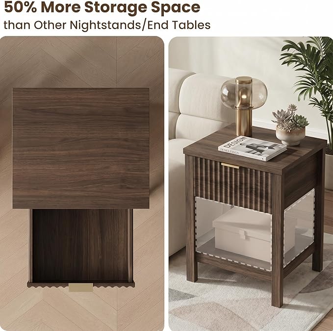 Fluted Night Stand with Golden Handle,Set of 2 Mid-Century Nightstands with Drawer,Bedside Table with Storage Shelf,Large Wood End Tables for Livingroom,Bed Side Tables for Bedroom,Walnut