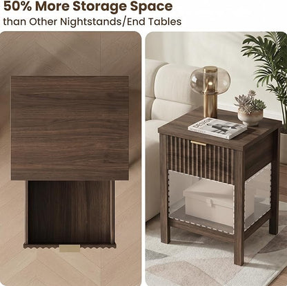 Fluted Night Stand with Golden Handle,Set of 2 Mid-Century Nightstands with Drawer,Bedside Table with Storage Shelf,Large Wood End Tables for Livingroom,Bed Side Tables for Bedroom,Walnut