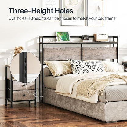 HOOBRO Full Size Headboard, Headboard with 2 Outlets and 4 USB Ports, Adjustable Height, Storage Rack, Sturdy and Stable, Easy Assembly, Greige and Black
