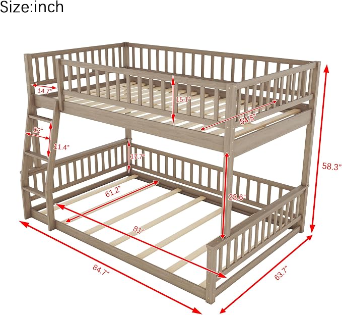Full XL Over Queen Bunk Bed with Safety Guardrails, Solid Wood Floor Bunk Bed Frame with Sturdy Slat Support for Kids Teens Adults, Detachable Design (Walnut-tra)