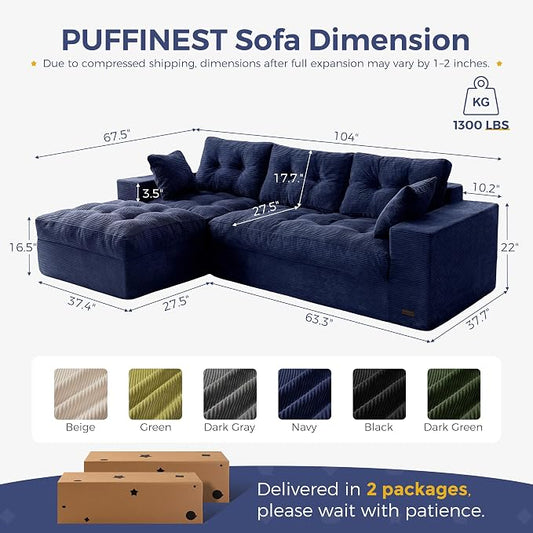 MAXYOYO 104" L Shaped Modular Sectional Sofa with Ottoman, Tufted Boneless Couch with Layered Cushion, Upholstered Flexible Module Combination Sofa for Living Room, No Assembly, Navy