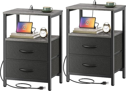 Huuger Nightstands Set of 2, End Tables with Charging Station, Side Tables with Fabric Drawers, Bedside Tables with USB Ports and Outlets, Night Stands for Bedroom, Charcoal Gray